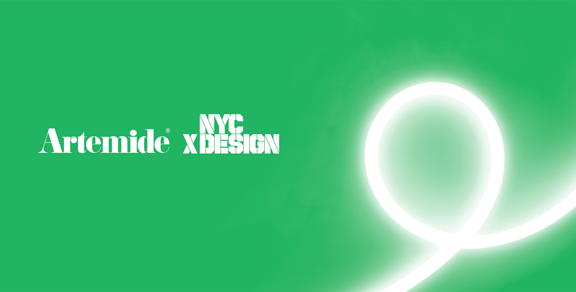 Artemide x NYC Design collaboration logo on green background with glowing circular light element on the right.