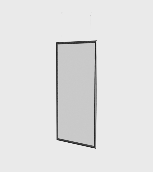 Rectangular flat panel light fixture with slim dark metal frame, suspended vertically, emitting diffused white light