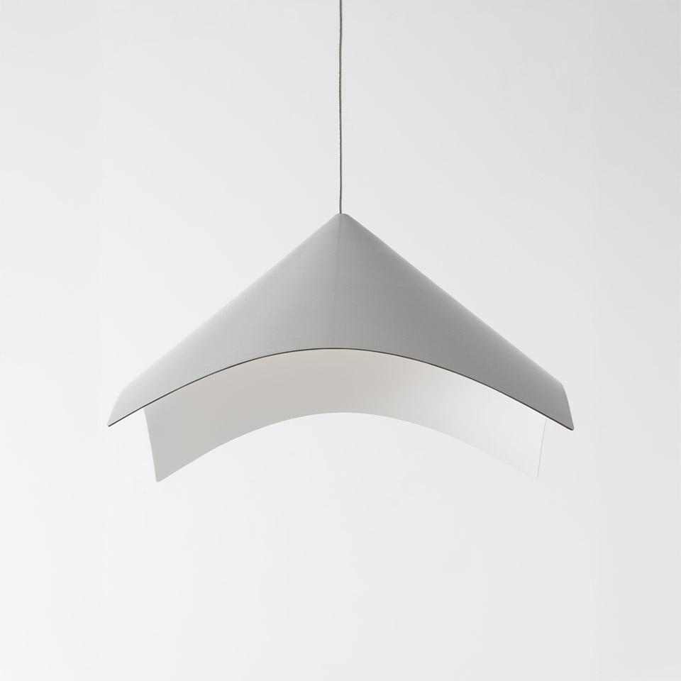 Artemide Iperbole pendant lamp: white curved triangular shade with upswept wings, emitting indirect light from its lower edge