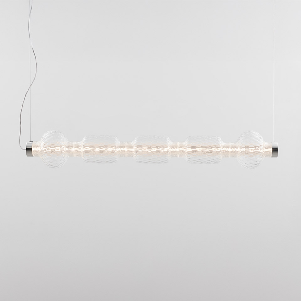 Artemide Alambicco horizontal pendant lamp: elongated clear glass tube with spherical diffusers and LED strip, chrome end caps