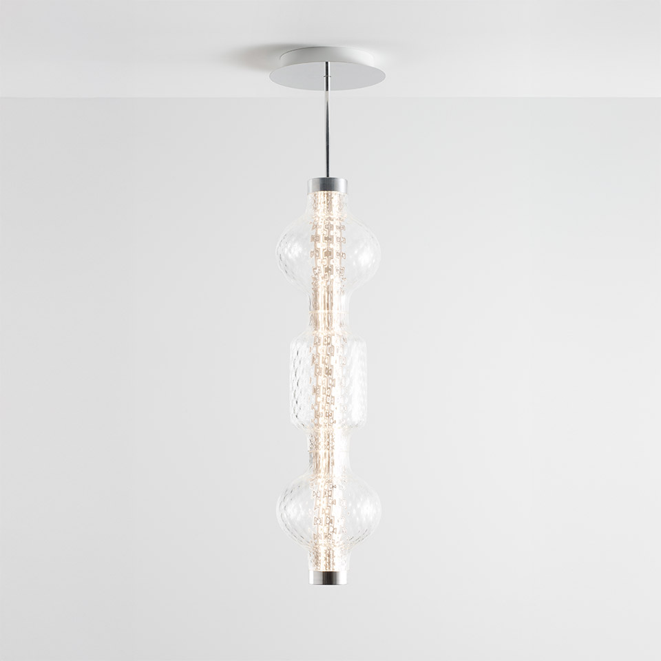 Artemide Alambicco pendant lamp: vertical chrome rod with three clear textured glass spheres, warm LED light, ceiling canopy