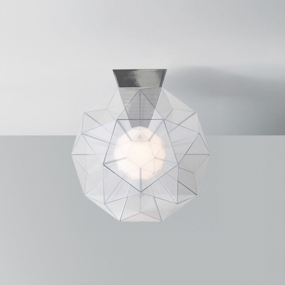 Artemide Arctic ceiling lamp with geometric faceted transparent diffuser and central opal glass globe, chrome ceiling mount