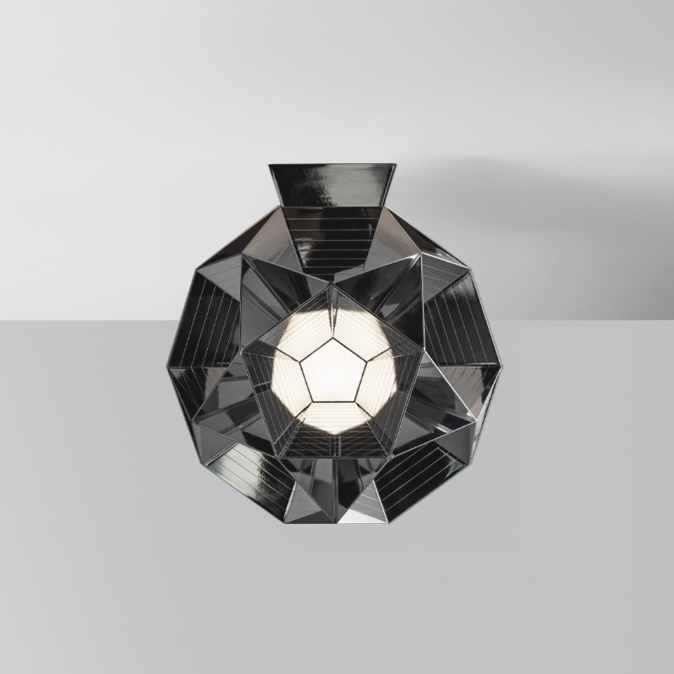 Artemide Arctic ceiling lamp, geometric dodecahedron structure in dark metallic finish with central opal white diffuser