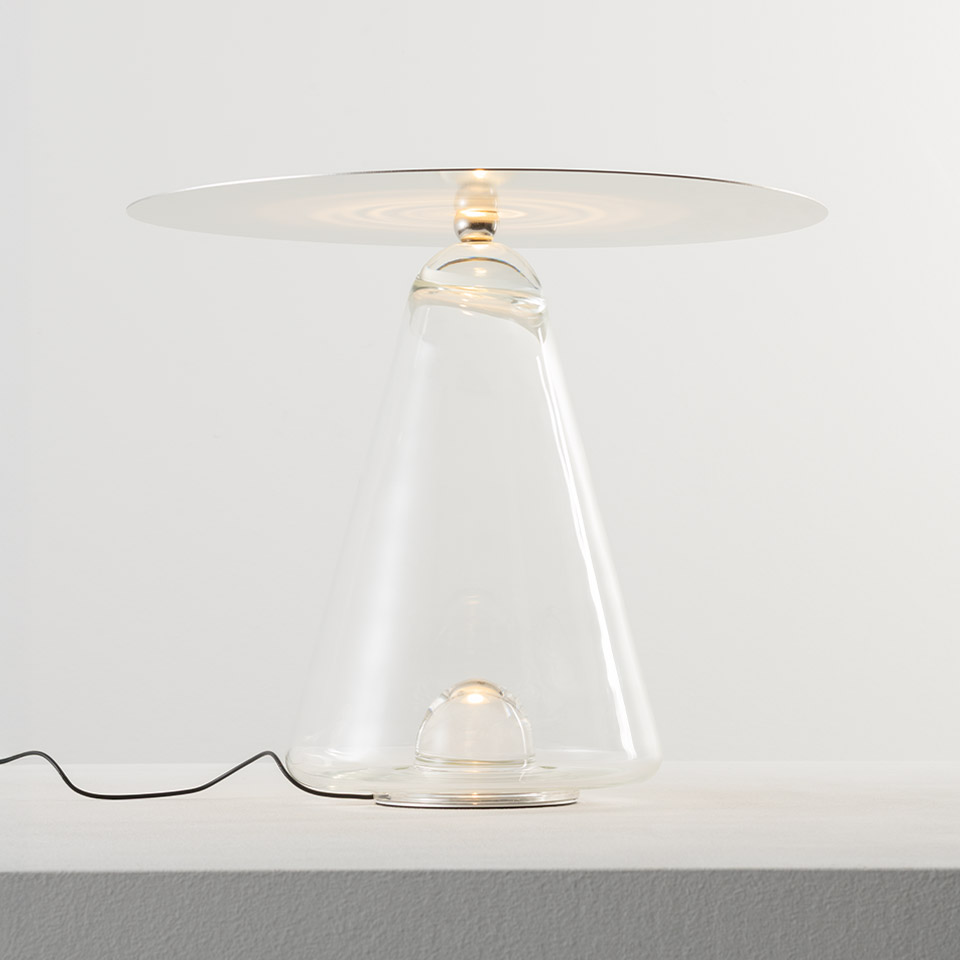 Artemide Boltons table lamp: clear conical glass base with two LED light sources and a wide flat circular diffuser on top