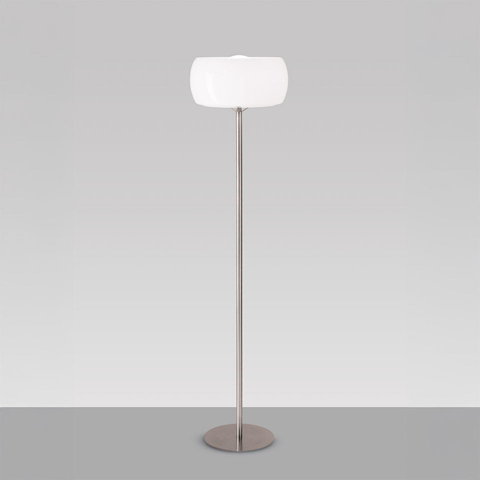 Artemide Clitunno floor lamp: slim nickel stem with round base, topped by a soft white opal glass diffuser