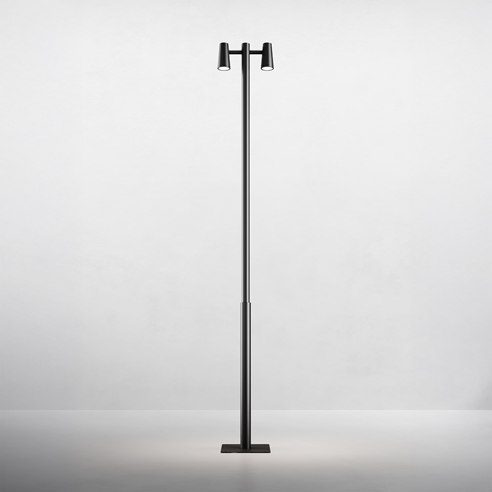 Artemide Conus floor lamp, tall black metal pole with square base and two adjustable cylindrical LED spotlights on top