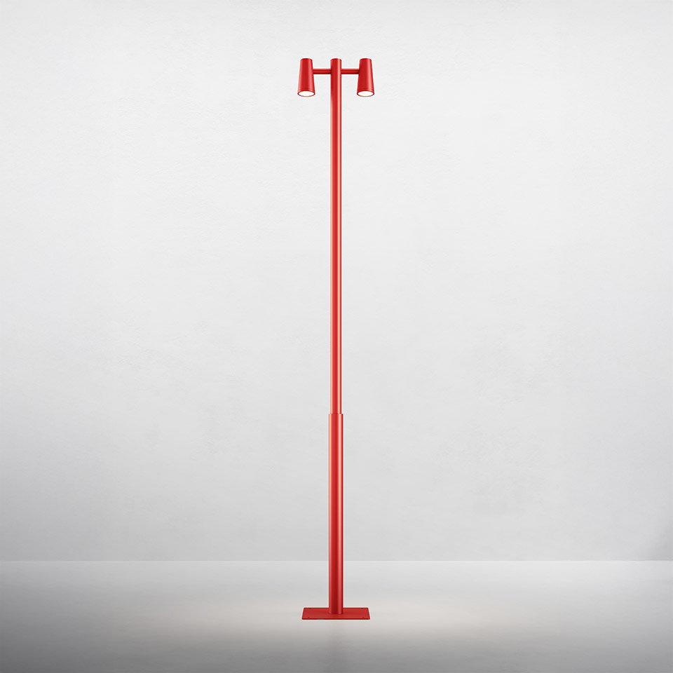 Artemide Conus floor lamp in red, tall slim pole with square base and two adjustable cylindrical spotlights at the top
