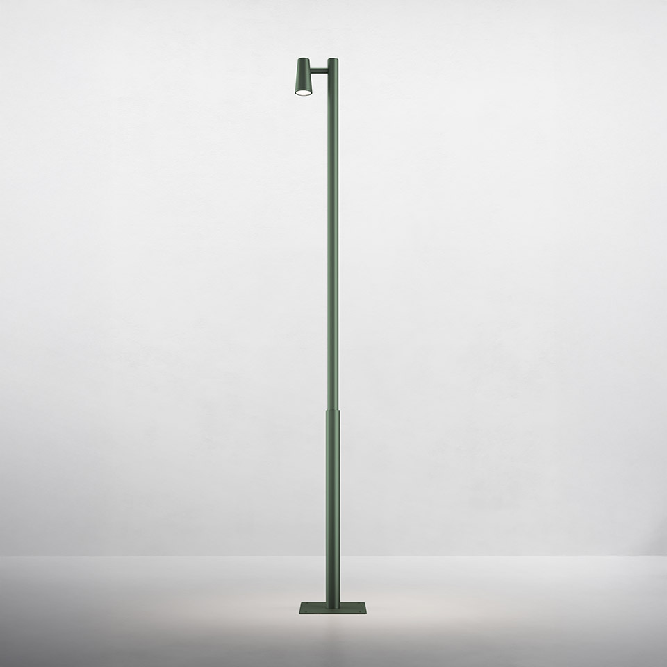 Artemide Conus outdoor floor lamp, tall slender green pole with adjustable spotlight head, mounted on a flat square base