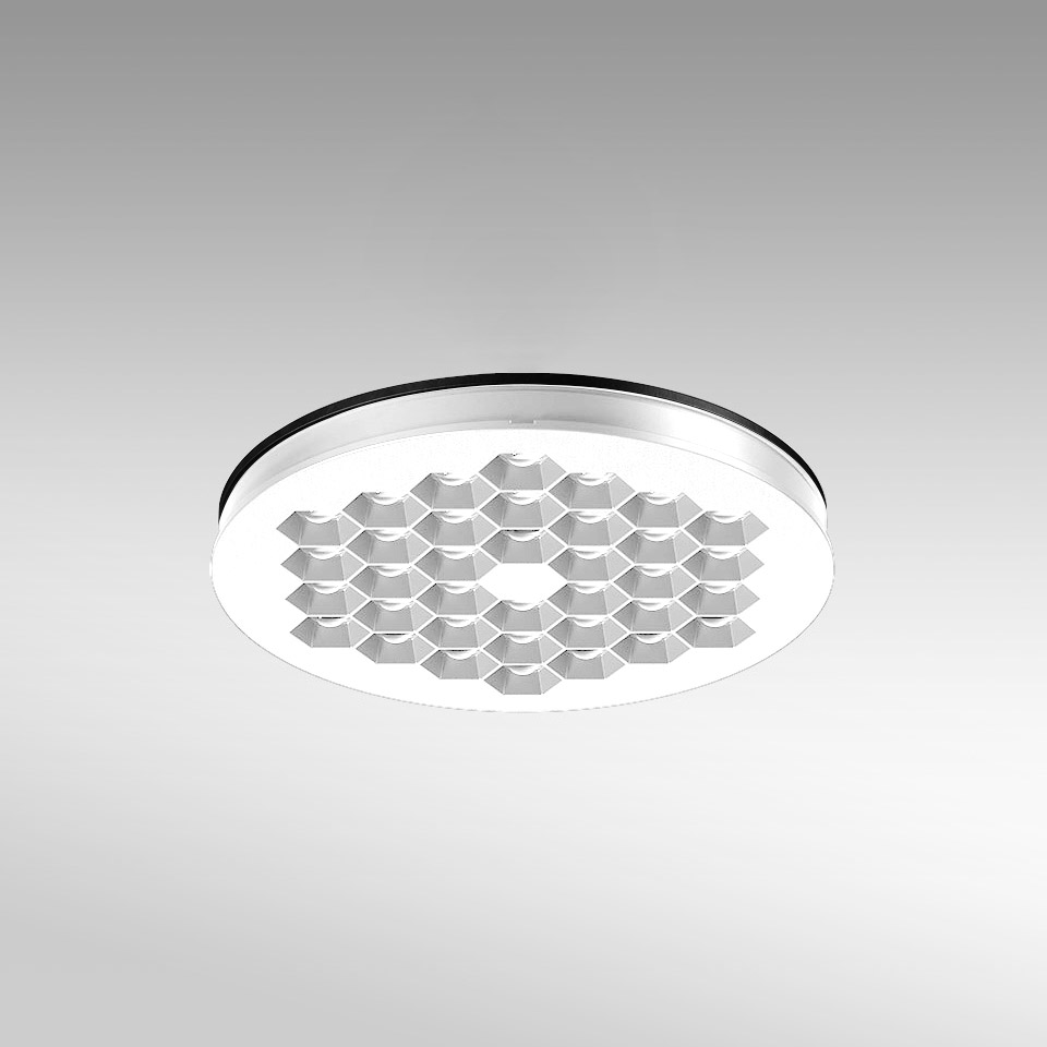 Artemide Helgoland round recessed ceiling light with white honeycomb LED array pattern and slim black trim ring