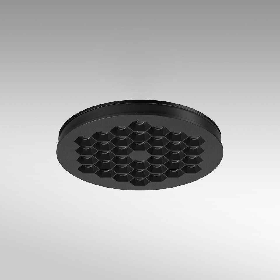 Artemide Helgoland recessed ceiling light, matte black round fixture with honeycomb anti-glare grid pattern