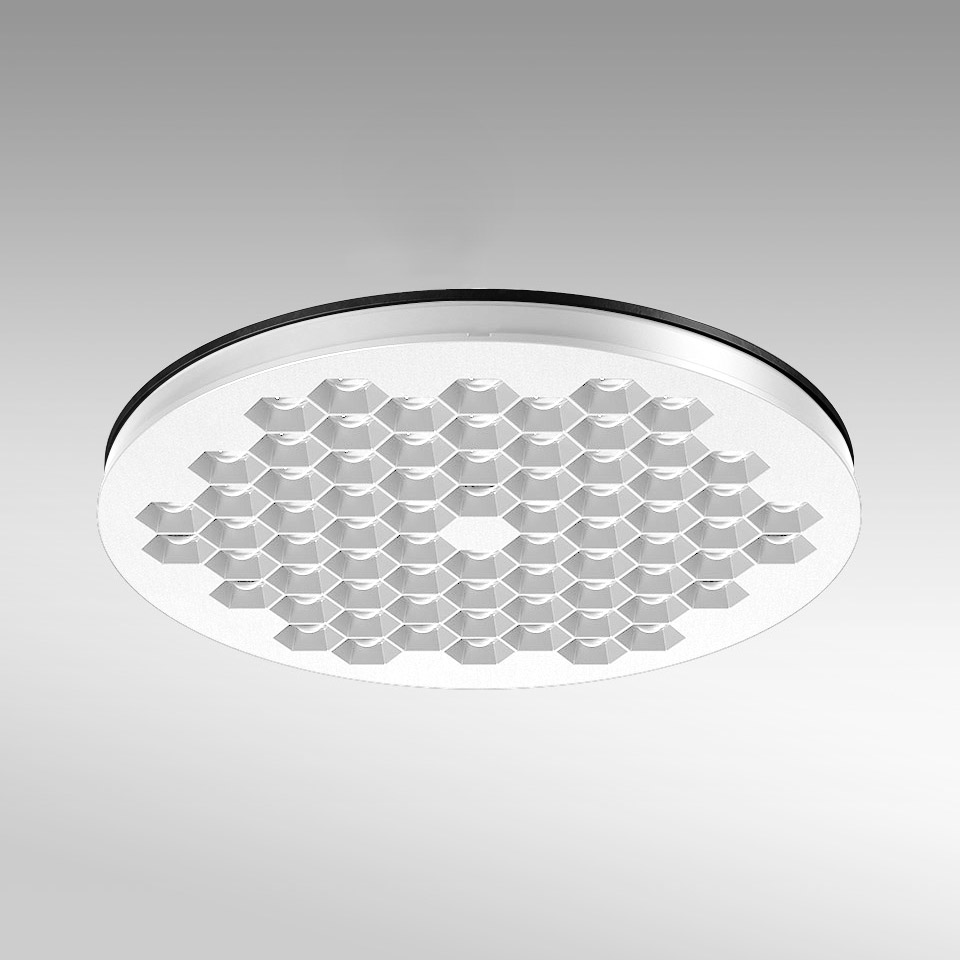 Artemide Helgoland ceiling lamp: round white fixture with hexagonal LED honeycomb pattern array, black outer ring