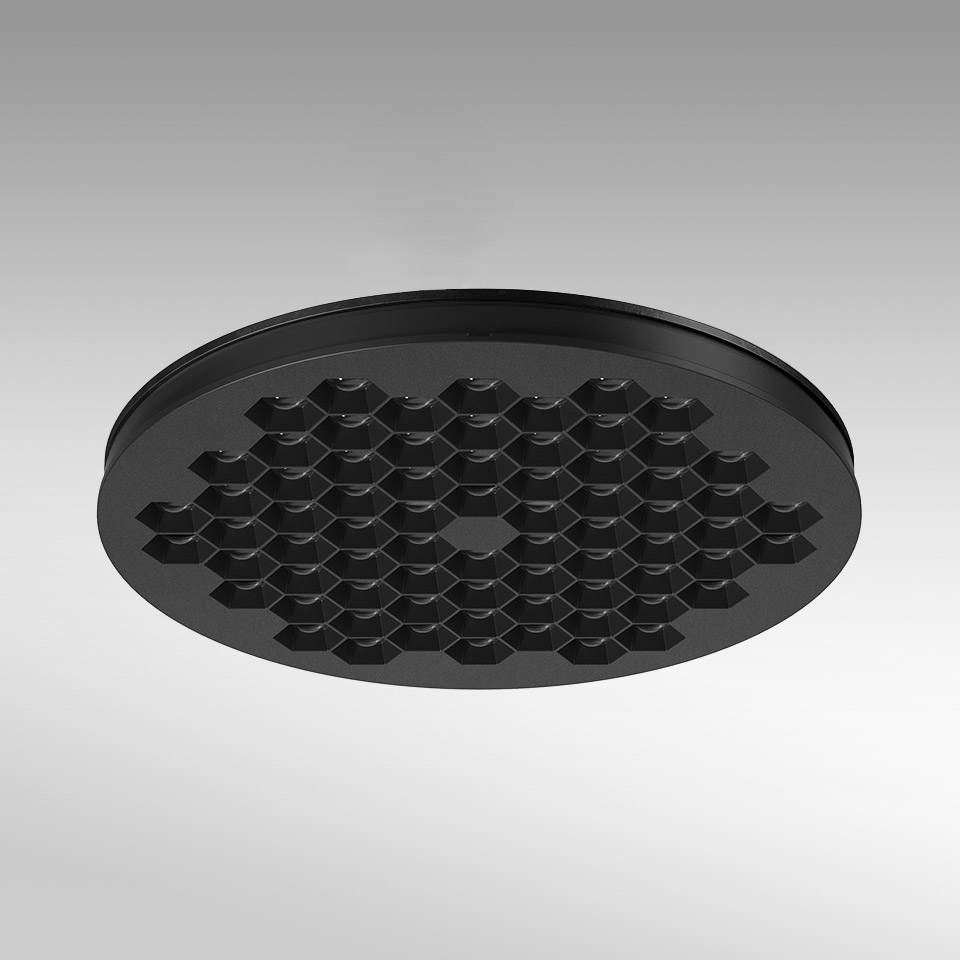 Artemide Helgoland ceiling light, matte black circular fixture with honeycomb anti-glare grid for recessed installation