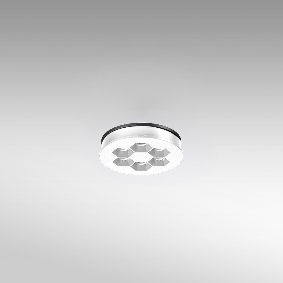 Artemide Helgoland recessed ceiling light, circular white frame with hexagonal LED cluster arrangement, black trim ring
