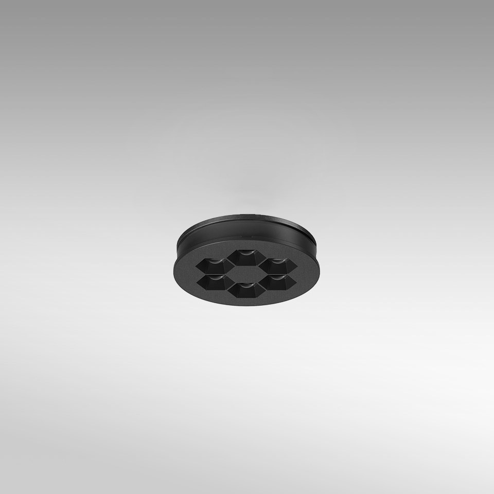 Artemide Helgoland recessed ceiling light, round black fixture with six hexagonal LED cells arranged in a honeycomb pattern