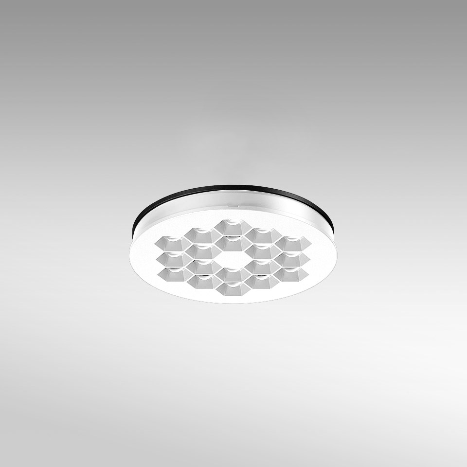 Artemide Helgoland recessed ceiling light, round white fixture with honeycomb LED array pattern and black trim ring