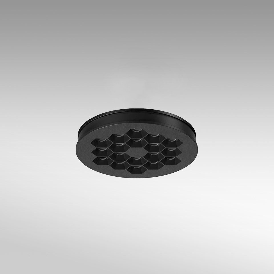 Artemide Helgoland recessed ceiling light in black, circular shape with honeycomb hexagonal cell grid for glare control
