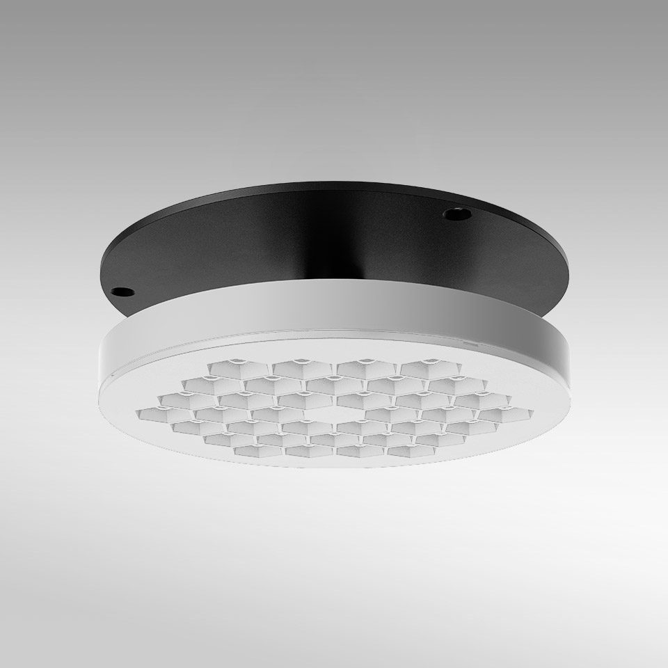 Artemide Helgoland ceiling lamp: round white body with honeycomb LED array, mounted on a black circular base plate