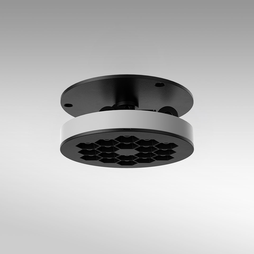 Artemide Helgoland Adjustable ceiling light, round black fixture with honeycomb anti-glare diffuser and white trim ring