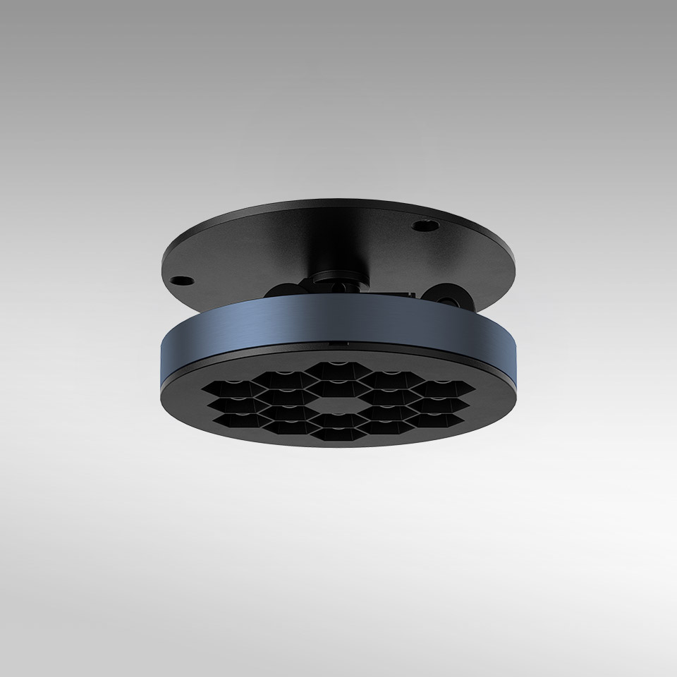 Artemide Helgoland Adjustable ceiling light, round black fixture with honeycomb anti-glare grid and blue accent ring