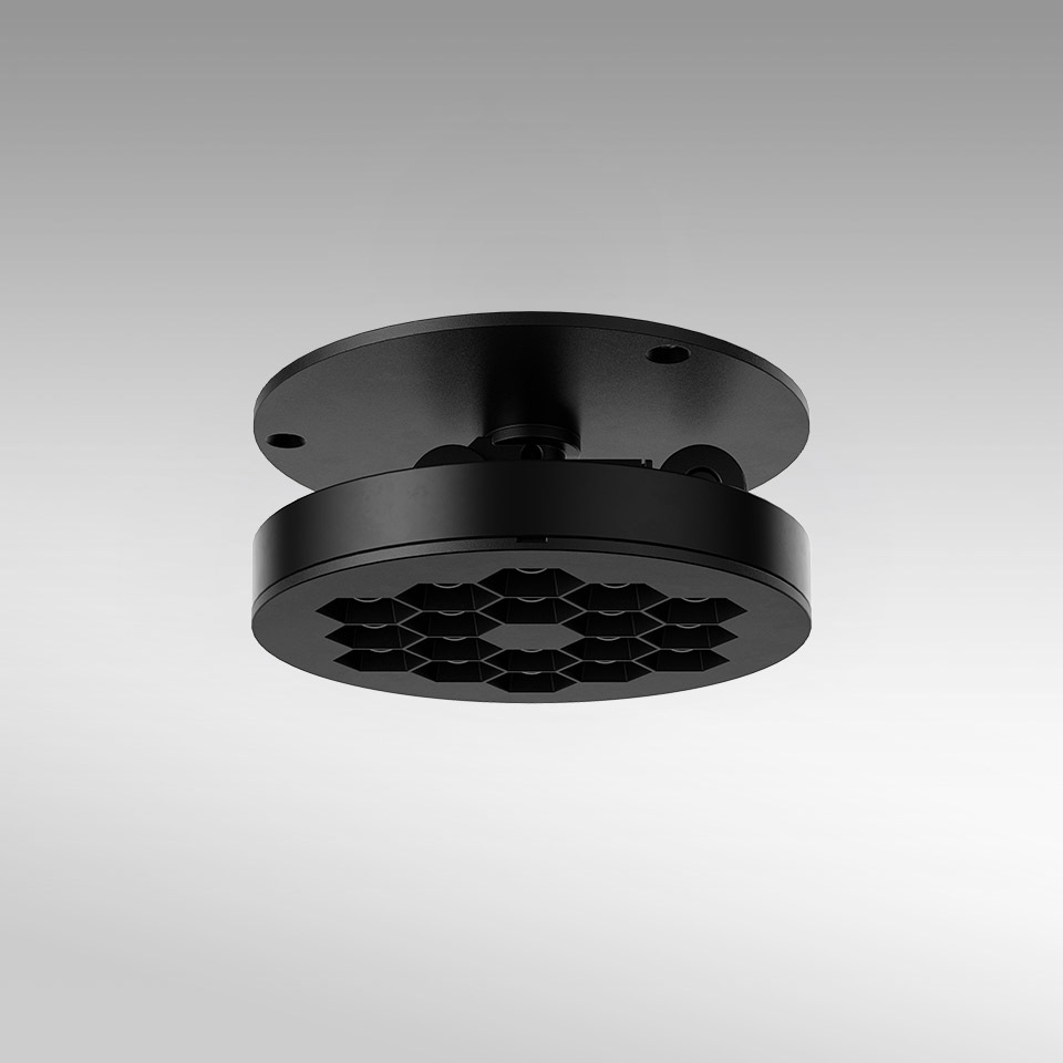 Artemide Helgoland Adjustable black ceiling light with circular honeycomb anti-glare grid and round mounting plate