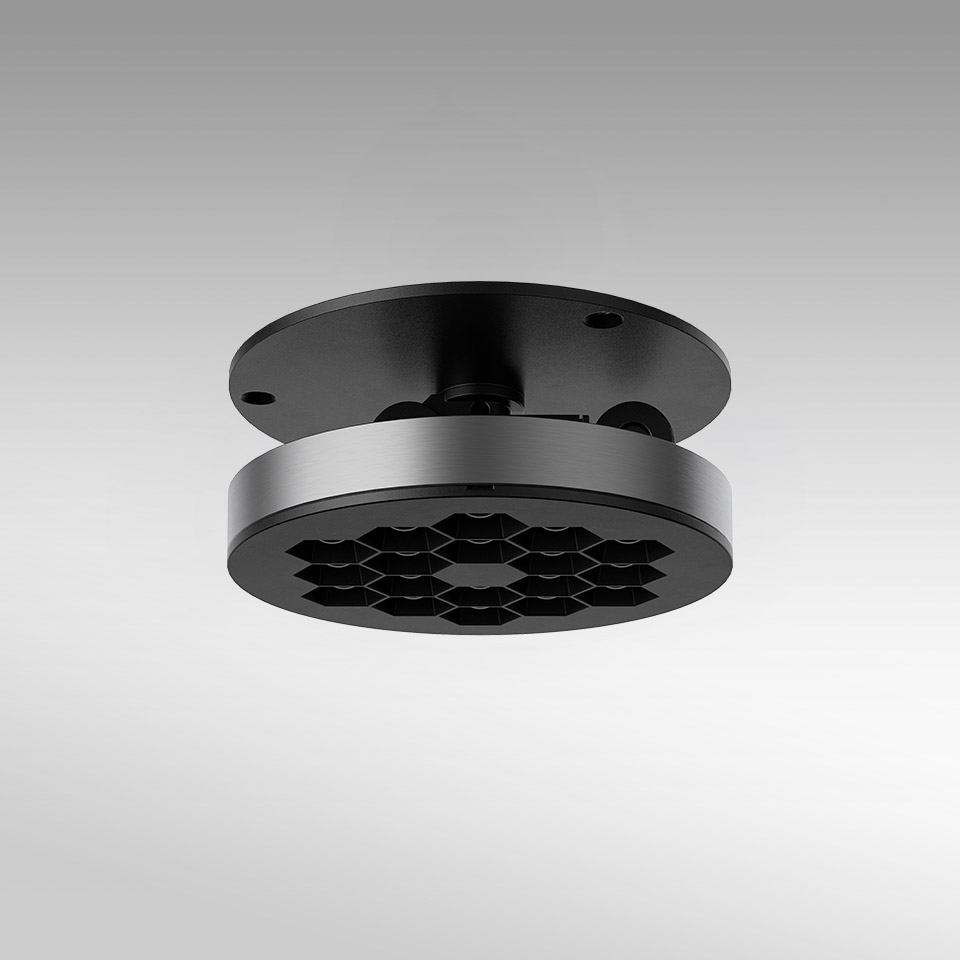 Artemide Helgoland Adjustable black ceiling light with circular honeycomb LED diffuser and flat mounting plate