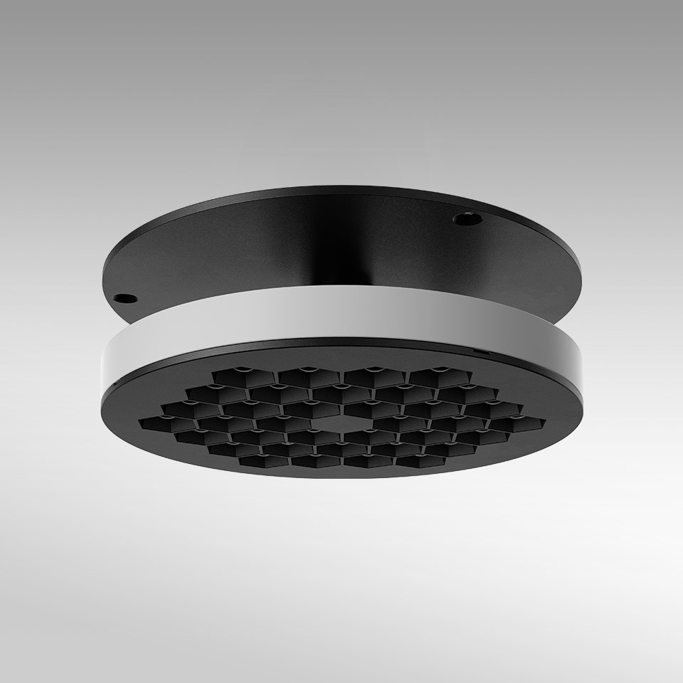 Artemide Helgoland Adjustable ceiling light: round black fixture with honeycomb anti-glare diffuser and white accent ring