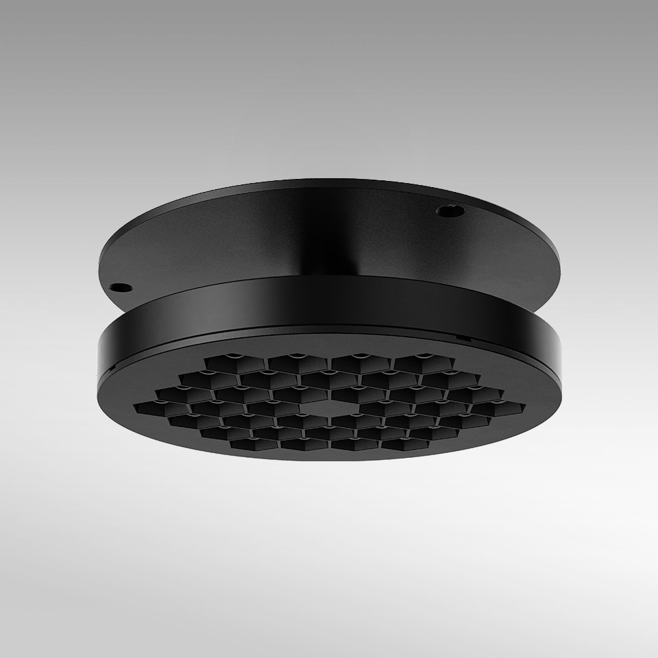 Artemide Helgoland Adjustable ceiling light, matte black round fixture with honeycomb anti-glare diffuser grid, flush mount design