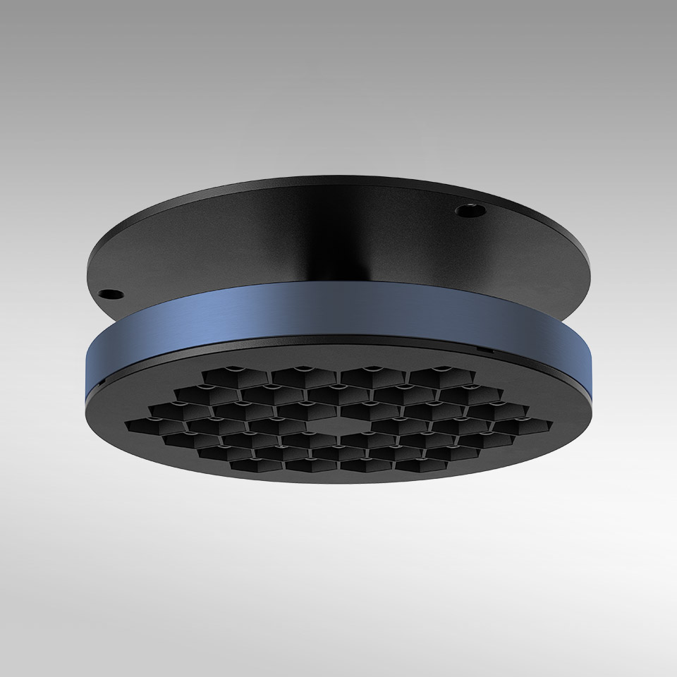 Artemide Helgoland Adjustable ceiling light: round black fixture with honeycomb anti-glare diffuser and blue accent ring