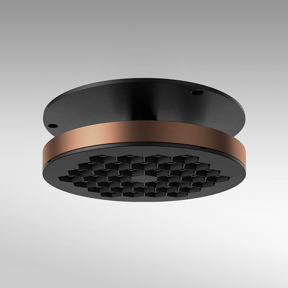 Artemide Helgoland Adjustable ceiling light: round black fixture with honeycomb anti-glare diffuser and copper accent ring
