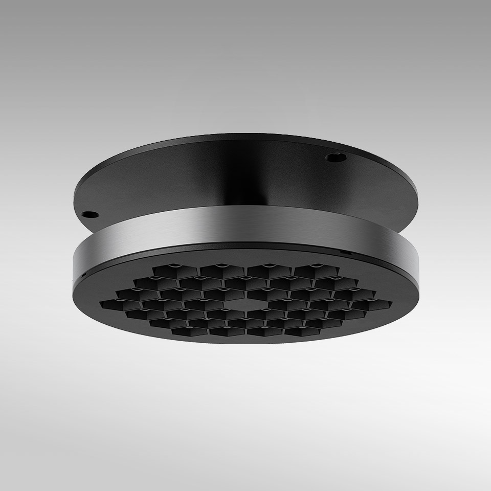 Artemide Helgoland Adjustable ceiling light, round black fixture with honeycomb anti-glare diffuser, flush mount design