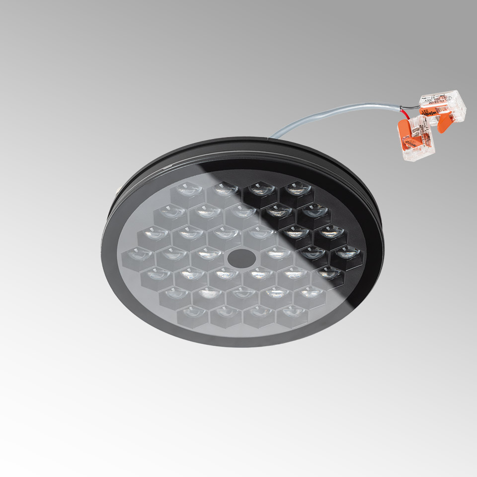 Artemide Helgoland IP44 recessed LED downlight, circular black frame with honeycomb lens array and quick-connect wiring connector