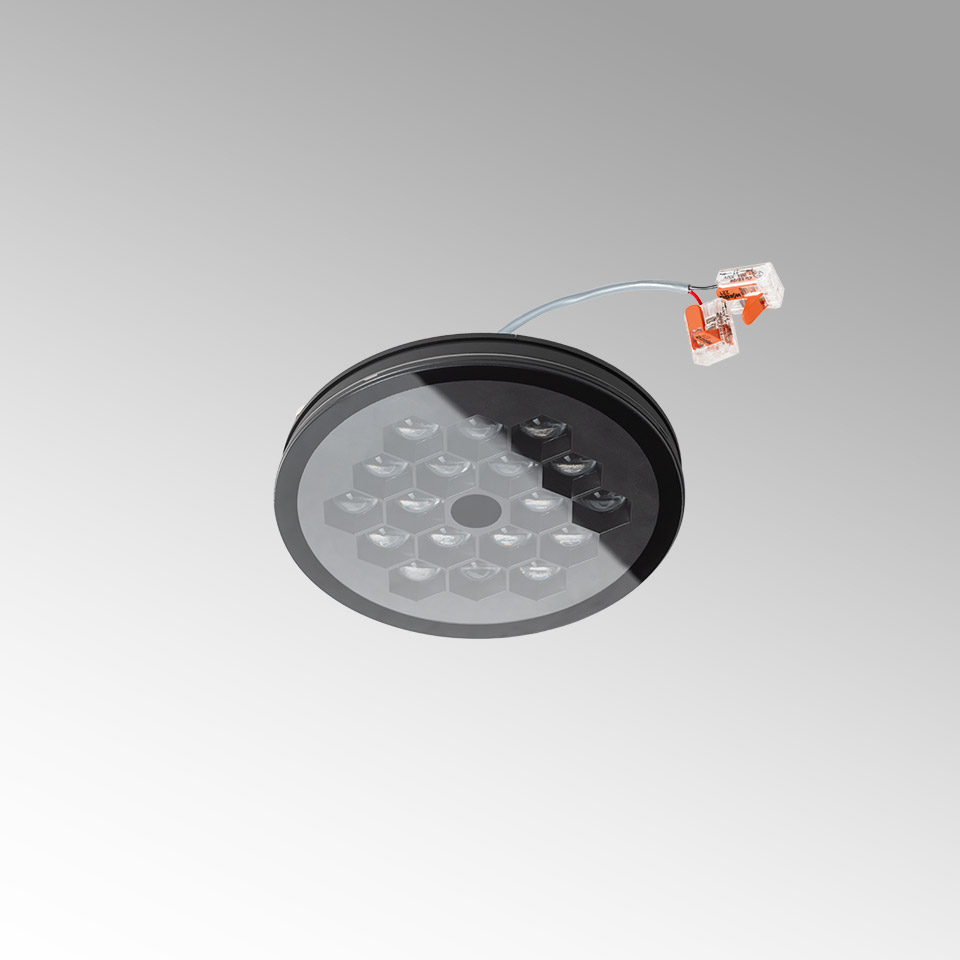 Artemide Helgoland IP44 recessed LED downlight, round black frame with honeycomb lens array and quick-connect wiring connector