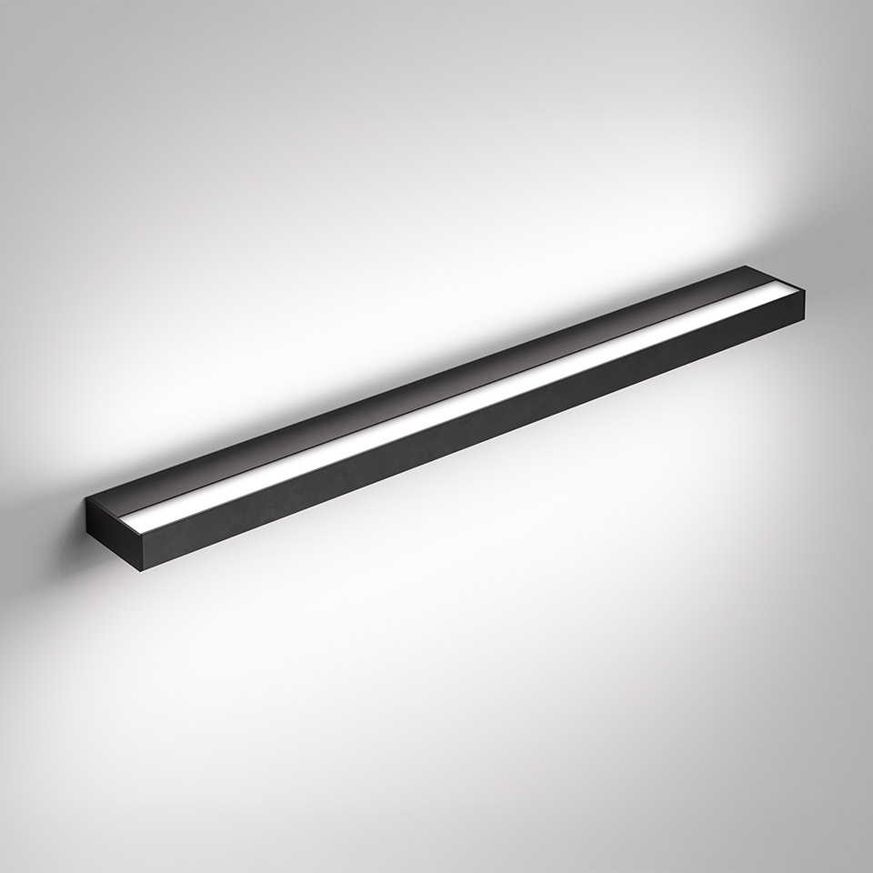 Artemide Hoy Parete wall lamp: slim elongated black rectangular LED bar emitting diffused white light along its length