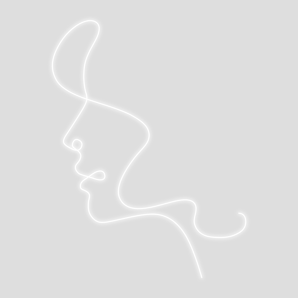 Glowing white neon line art depicting a minimalist side profile of a human face, Artemide La Linea 25