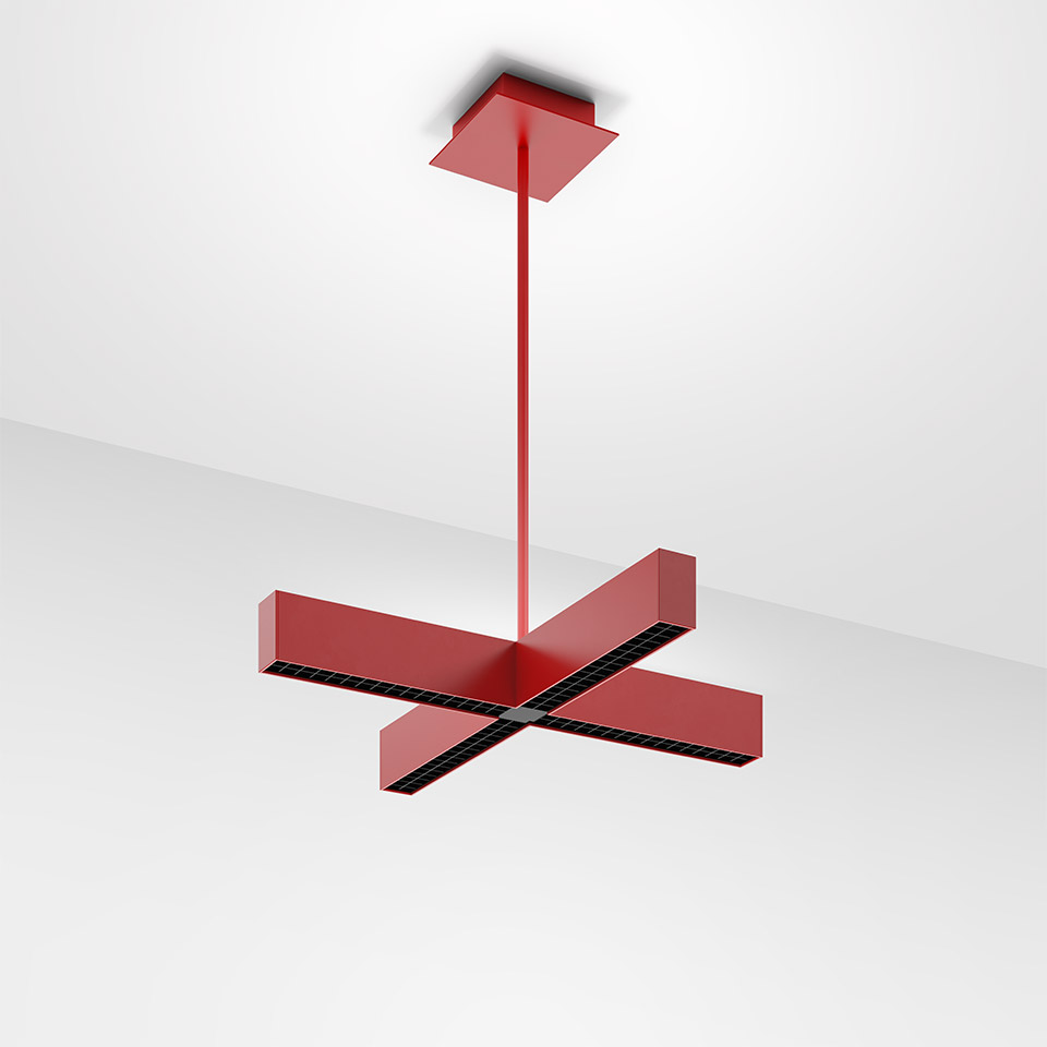 Artemide Tetras pendant lamp in red, featuring a cross-shaped LED light fixture suspended from the ceiling by a slim rod