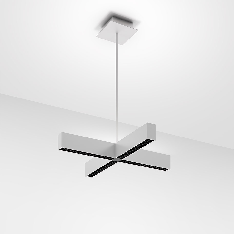 Artemide Tetras pendant lamp: white cross-shaped structure with black LED linear modules suspended from ceiling by a rod