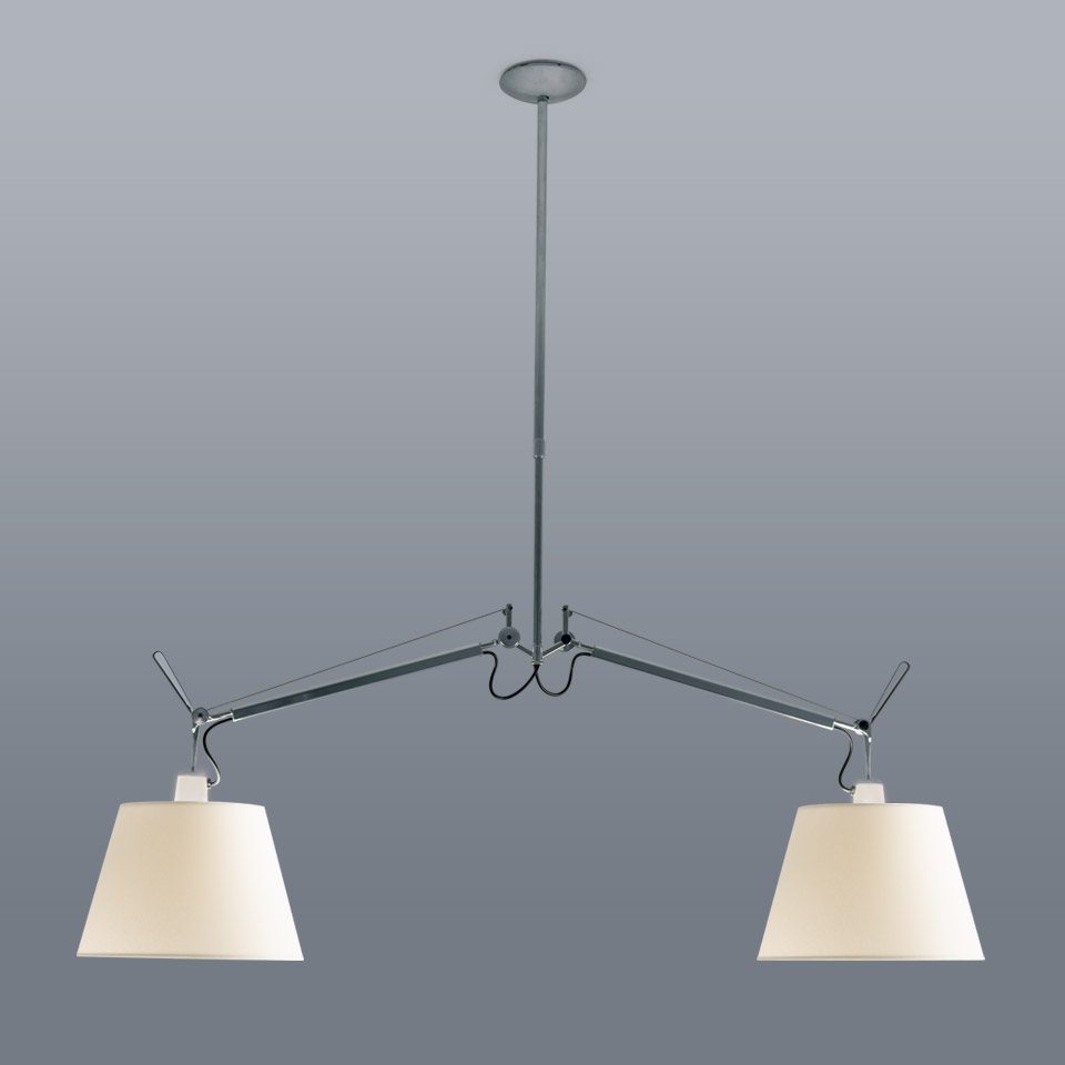 Artemide Tolomeo Basculante Sospensione Due Bracci: double-arm ceiling pendant with two adjustable arms and white conical shades in polished aluminum