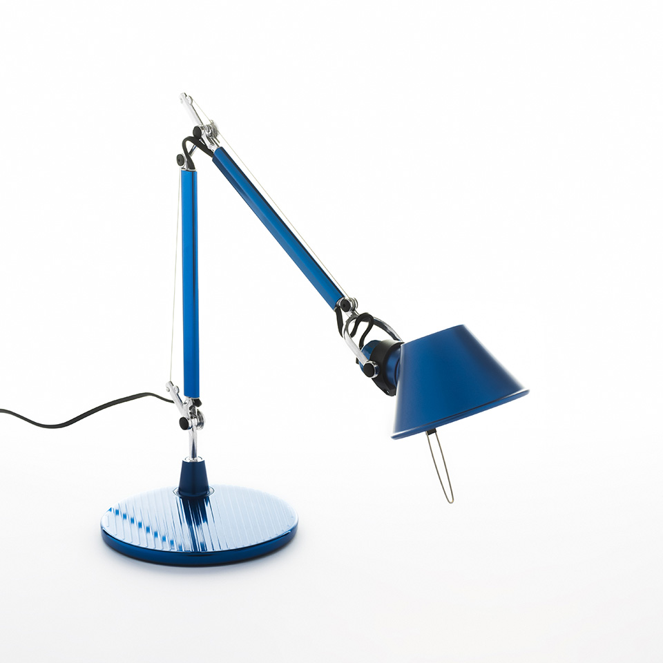 Artemide Tolomeo Micro Tavolo desk lamp in blue, with articulated arm, conical shade, and circular ribbed base - 2