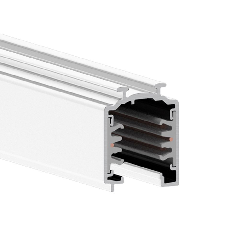 Artemide Vector Track 230V: white aluminum recessed track section with exposed cross-section showing internal conductors and mounting channels