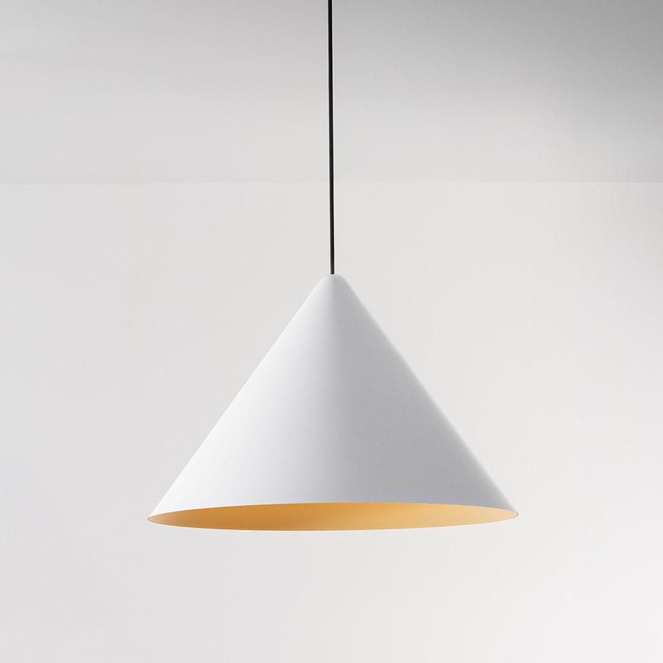 Artemide Vea Suspension pendant lamp with white conical shade, gold inner surface, hanging from a black cord