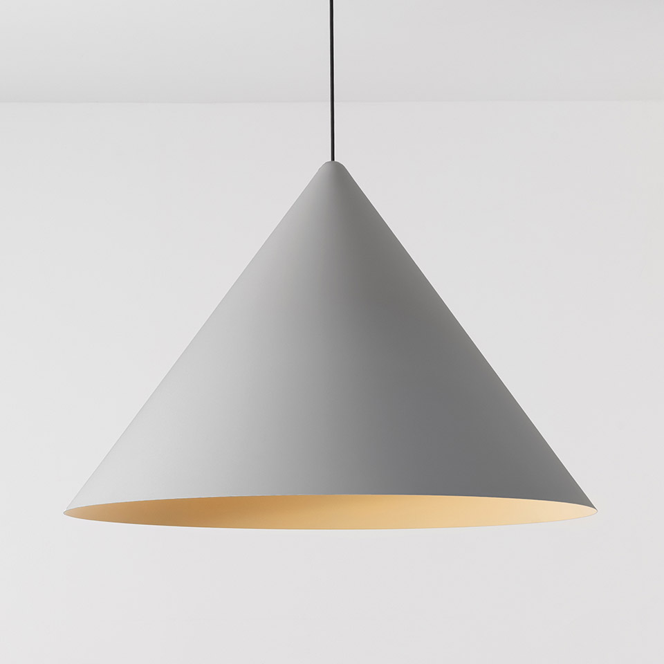 Artemide Vea Suspension pendant lamp with large conical grey shade, warm gold interior, hanging from a black cord
