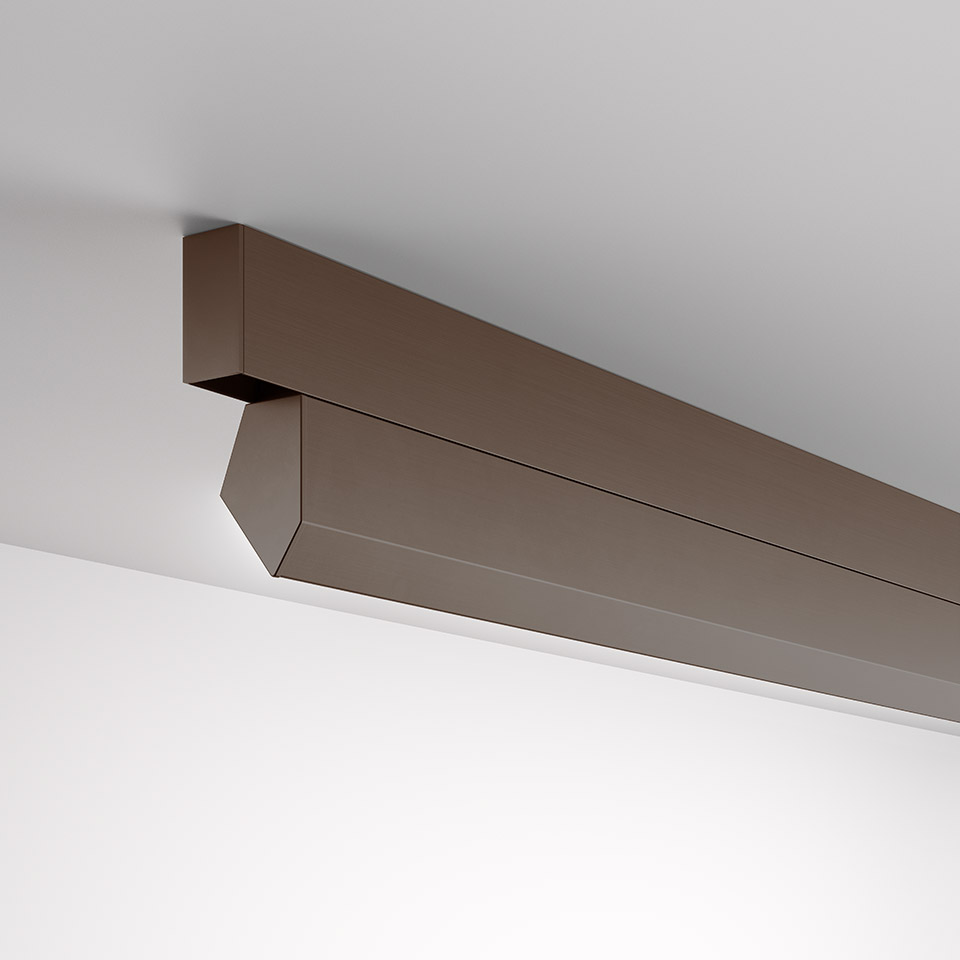 Artemide A.24 Wall Washer: sleek bronze linear ceiling-mounted fixture with angled profile for directional wall-washing illumination