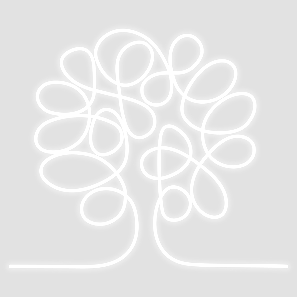 Artemide La Linea 25: glowing white neon light shaped as a tree with intertwining loops, mounted on a grey background