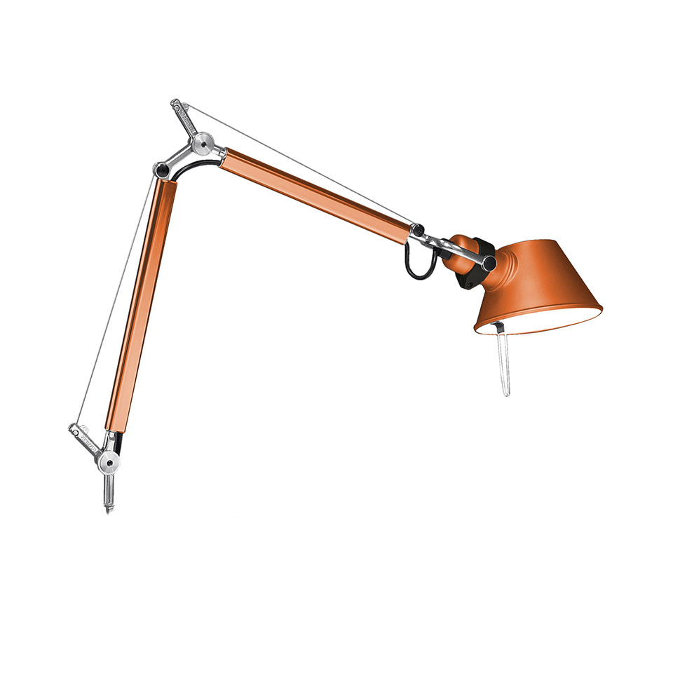 Artemide Tolomeo Micro table lamp in orange, featuring articulated aluminum arm with tension cables and adjustable conical shade