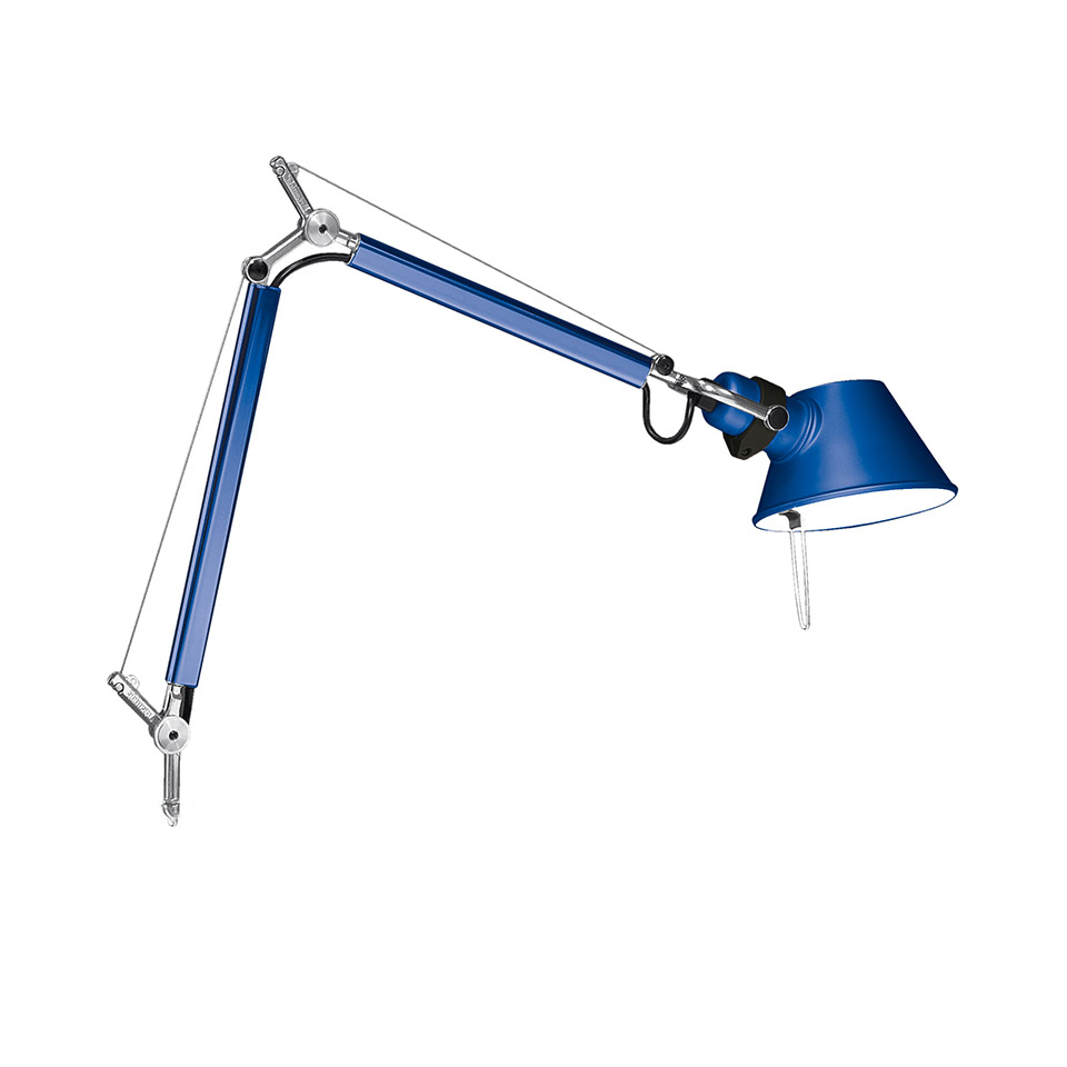 Artemide Tolomeo Micro Tavolo desk lamp in blue, featuring articulated aluminum arm with tension cables and adjustable conical shade