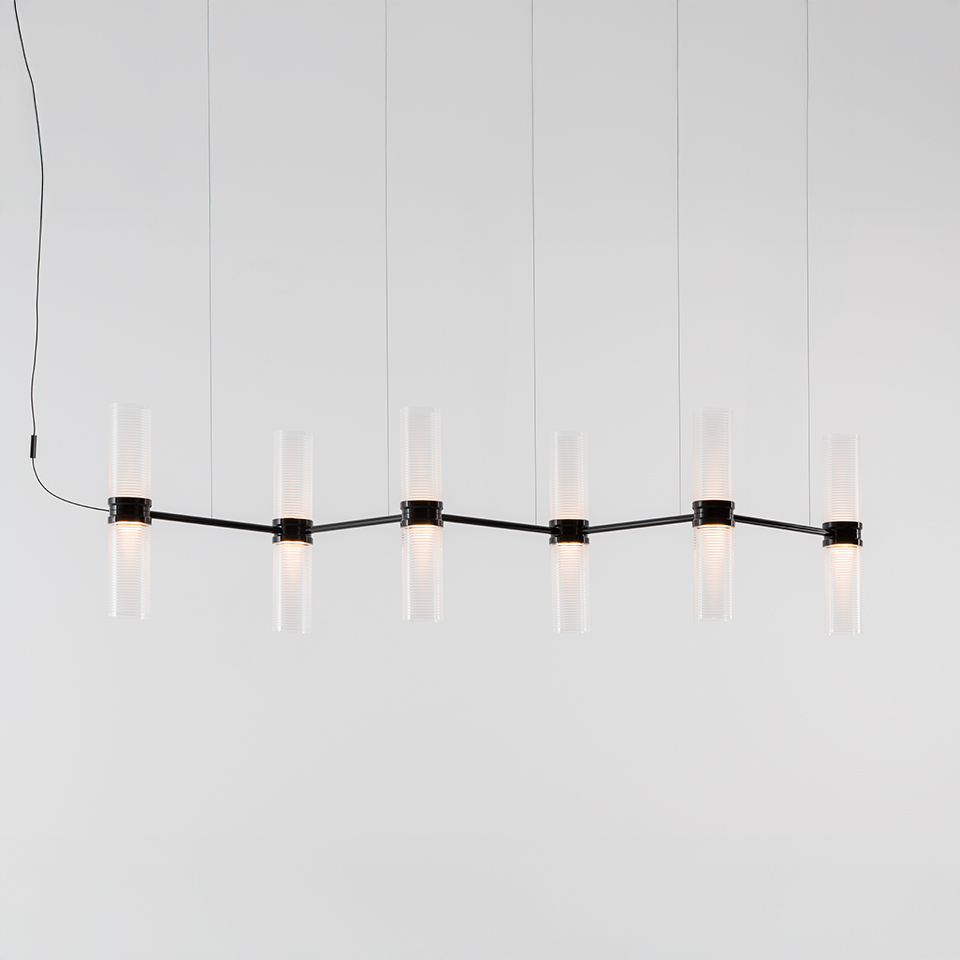 Artemide Zephyr pendant lamp: horizontal black metal bar with 14 vertical frosted glass cylindrical diffusers, suspended by thin cables