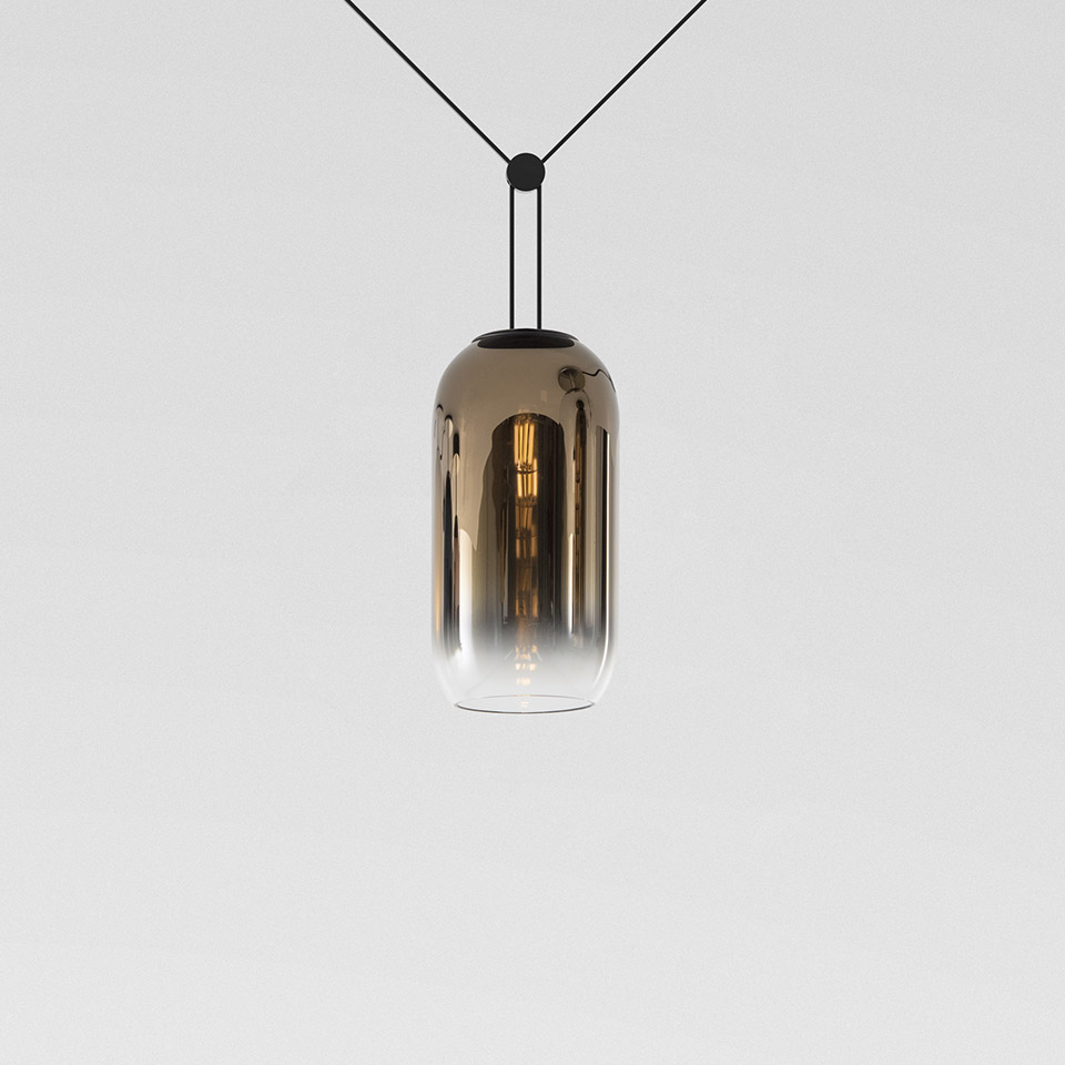 Artemide Funivia Plug pendant lamp: cylindrical smoked glass diffuser with gold gradient, suspended by black cables with junction node - 2