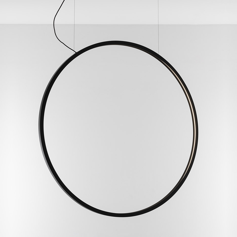 Artemide O pendant lamp: large circular black ring with integrated LED light strip, suspended by thin cables