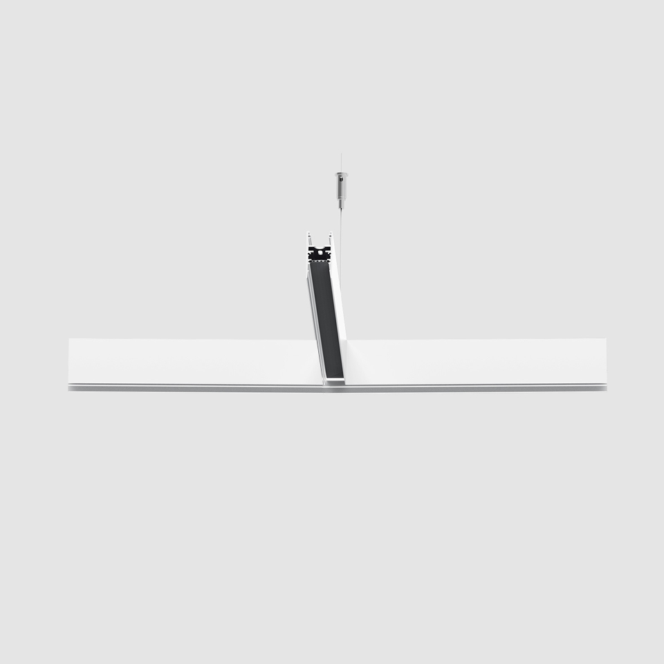 Artemide A.24 Emissione Sharping: slim white linear LED pendant lamp suspended by a single cable with central mounting bracket