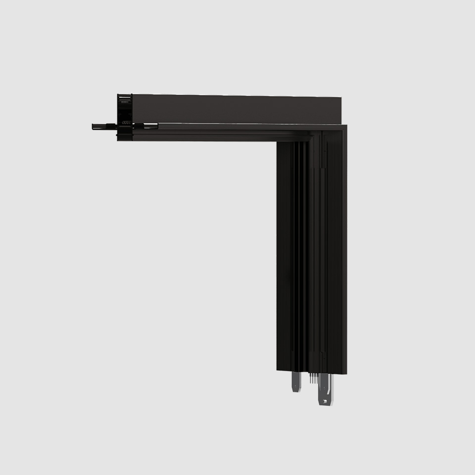 Artemide A.24 Magnetic Track L-shaped corner connector in black anodized aluminum with ribbed heat sink profile